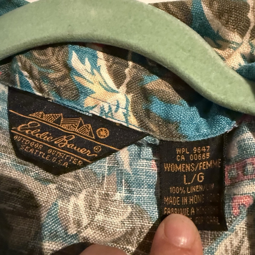 Vtg Eddie Bauer XL Linen Button Down Tank Hawaiian Alpha Resort Tropical - Picture 4 of 5